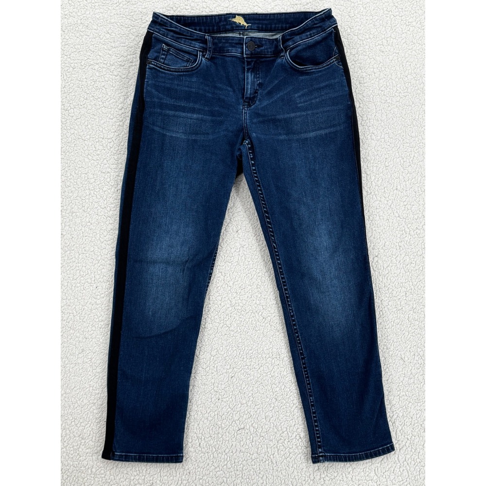 Tommy Bahama Slim Boyfriend Jeans Women Size 30x29 Dark Sea Tuxedo Stripe